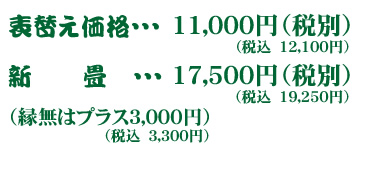 表替え価格・・・１１０００円 新畳・・・１７５００円（縁無はプラス３０００円）
