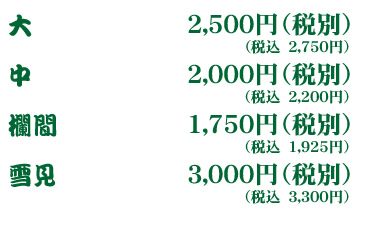 大2500円（税別）中2000円（税別）欄間1750円（税別）雪見3000円（税別）